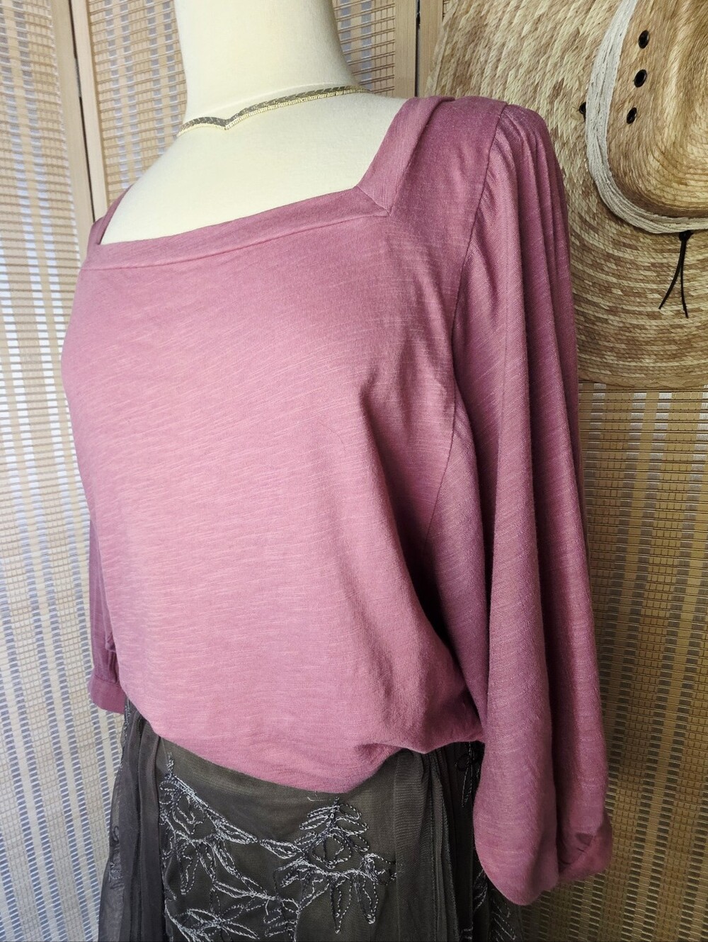 100% Cotton Dusty Rose Romantic Poet Sleeve Square-Neck Blouse in Size Large